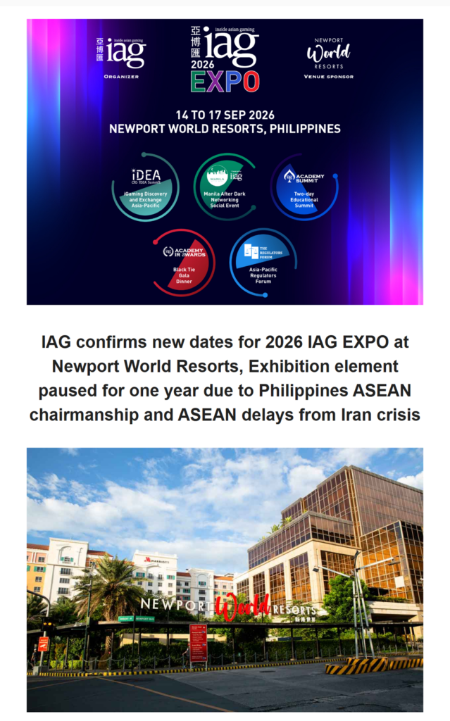 IAG confirms new dates for 2026 IAG EXPO at Newport World Resorts due to Philippines ASEAN chairmanship and Iran crisis