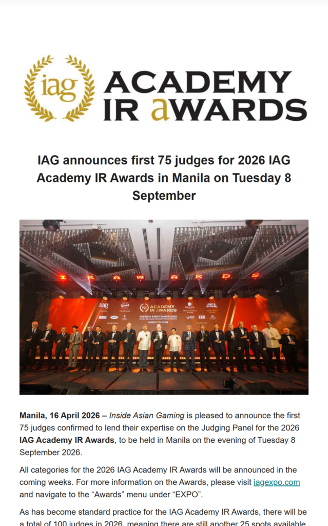 IAG announces first 75 judges for 2026 IAG Academy IR Awards in Manila on Tuesday 8 September