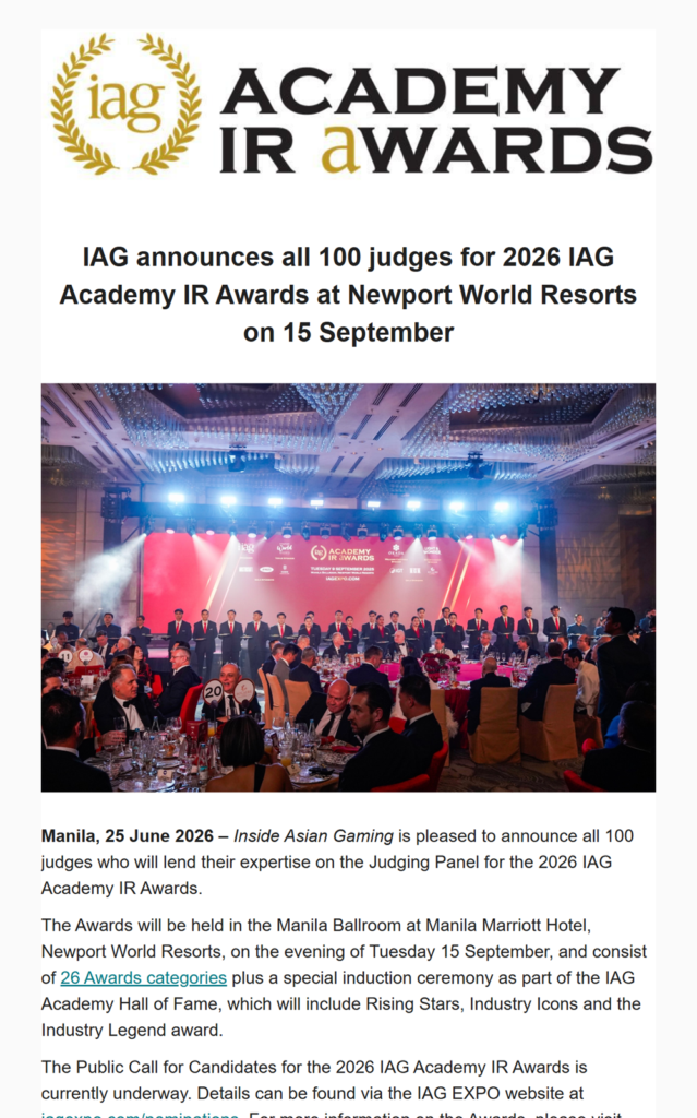 IAG announces all 100 judges for 2026 IAG Academy IR Awards at Newport World Resorts on 15 September