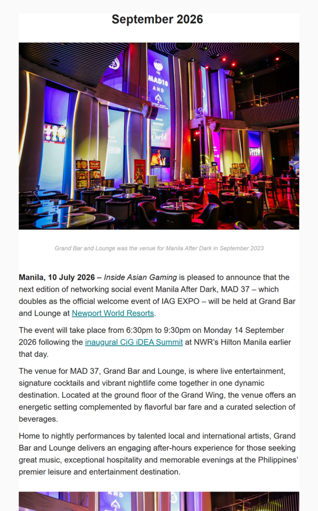 Grand Bar and Lounge at Newport World Resorts named venue for IAG EXPO’s Manila After Dark welcome event