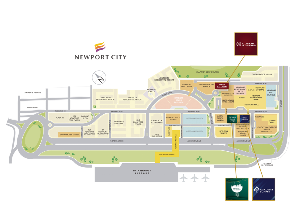 Newport City map showing IAG Academy IR Awards, Manila After Dark and IAG Academy Summit venues