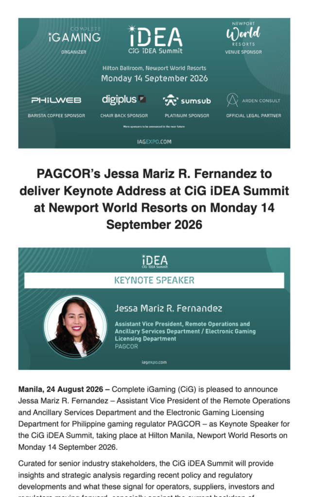 PAGCOR’s Jessa Mariz R. Fernandez to deliver Keynote Address at CiG iDEA Summit at Newport World Resorts on Monday 14 September 2026