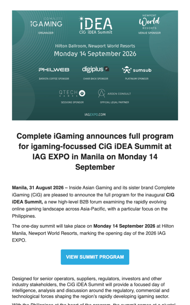 Complete iGaming announces full program for igaming-focussed CiG iDEA Summit at IAG EXPO in Manila on Monday 14 September