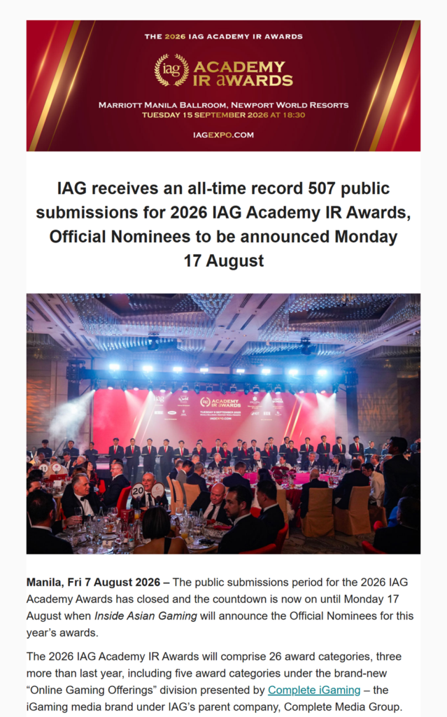 IAG receives an all-time record 507 public submissions for 2026 IAG Academy IR Awards, Official Nominees to be announced Monday 17 August