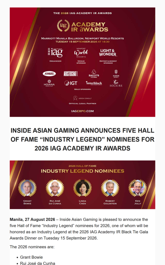Inside Asian Gaming Announces Five Hall of Fame “Industry Legend” Nominees for 2026 IAG Academy IR Awards