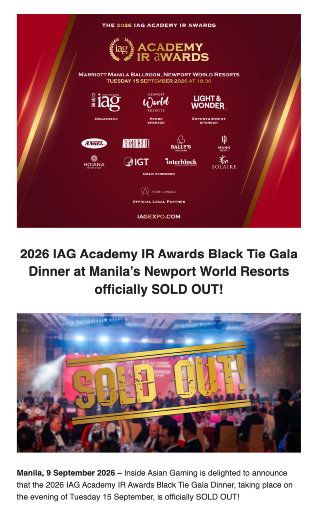 2026 IAG Academy IR Awards Black Tie Gala Dinner at Manila’s Newport World Resorts officially SOLD OUT!